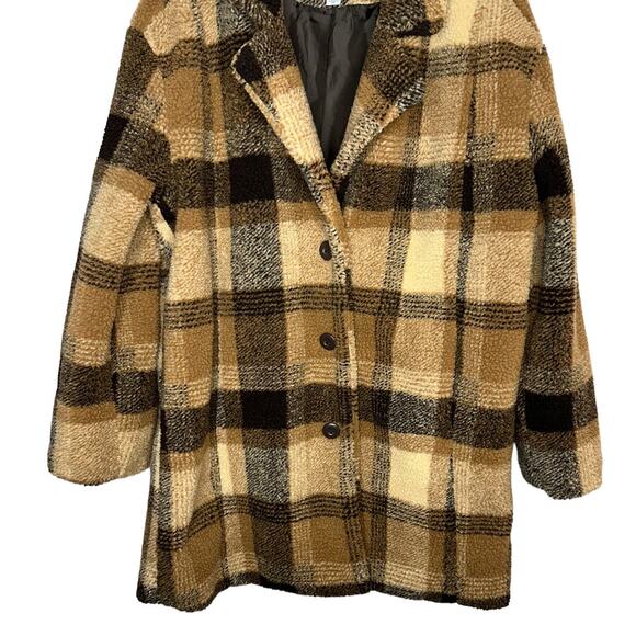 American Eagle Outfitters Brown Plaid Sherpa Teddy Coat Pockets Size Large - Picture 4 of 10